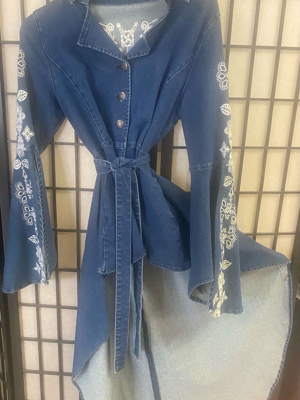 Embroidered Navy Denim Tie-Waist Jacket
